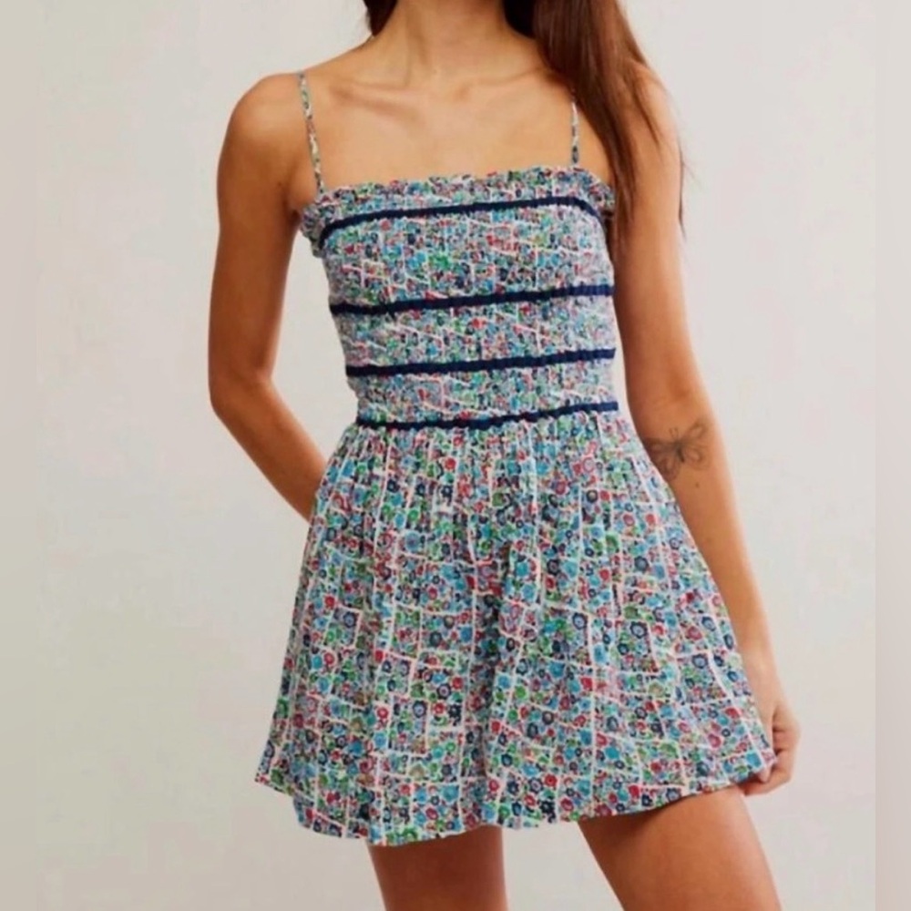 Free People Blue Multicolor Floral Smocked Romper